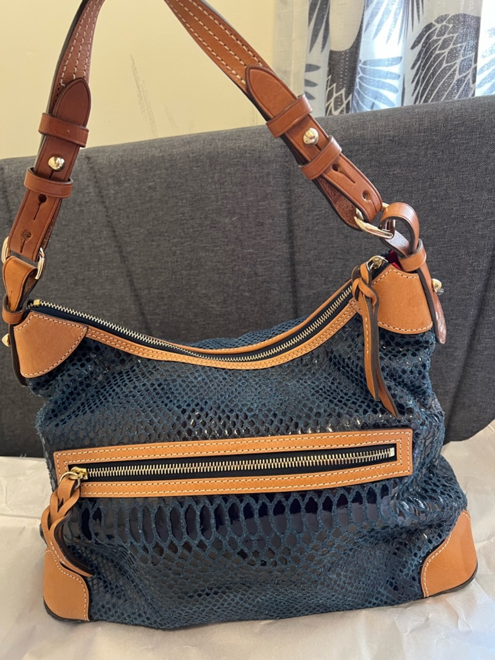 Dooney & Bourke Navy Snake-Embossed Leather Shoulder Bag with Tan Trim - Picture 3 of 9